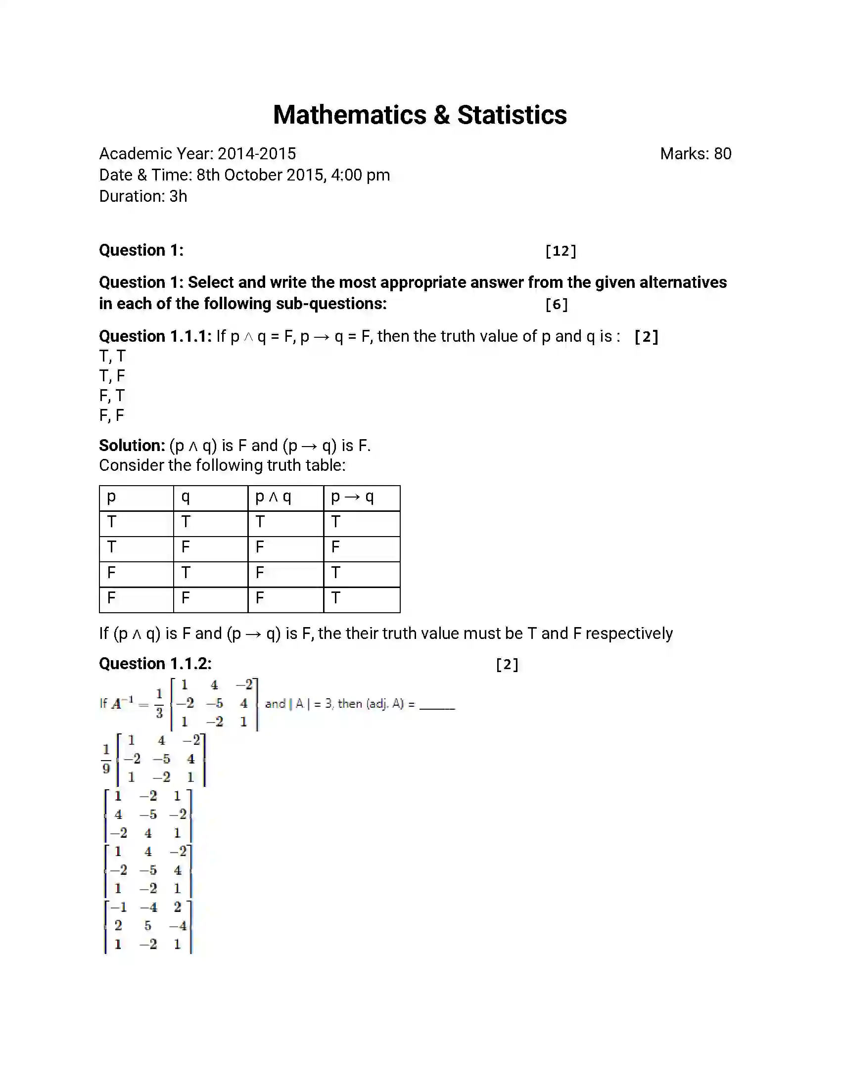 Maharashtra Board Class 12th 2014 Mathematics & Statistics - Oct 2014 Previous Year Paper 1
