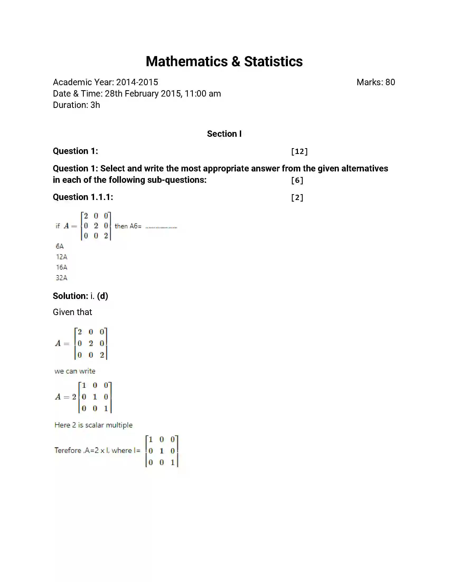 Maharashtra Board Class 12th 2015 Mathematics & Statistics - March 2015 Previous Year Paper 1