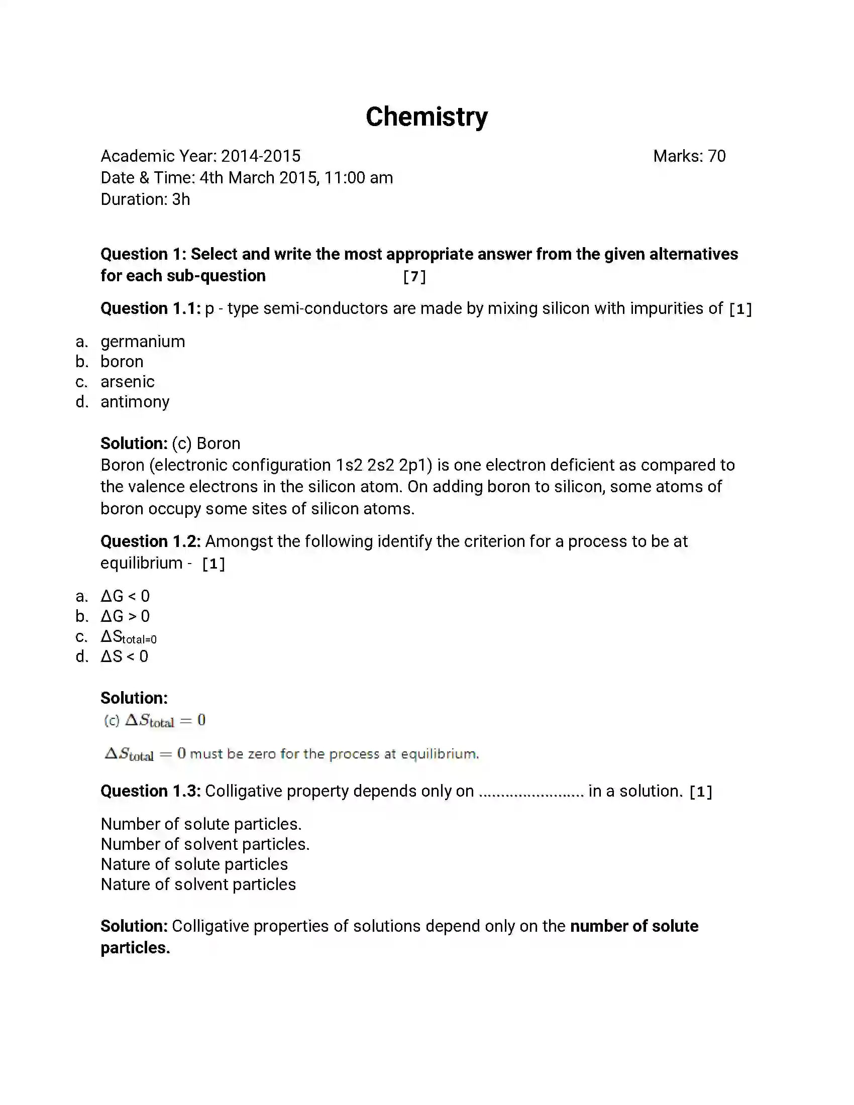Maharashtra Board Class 12th 2015 Chemistry - March 2015 Previous Year Paper 1