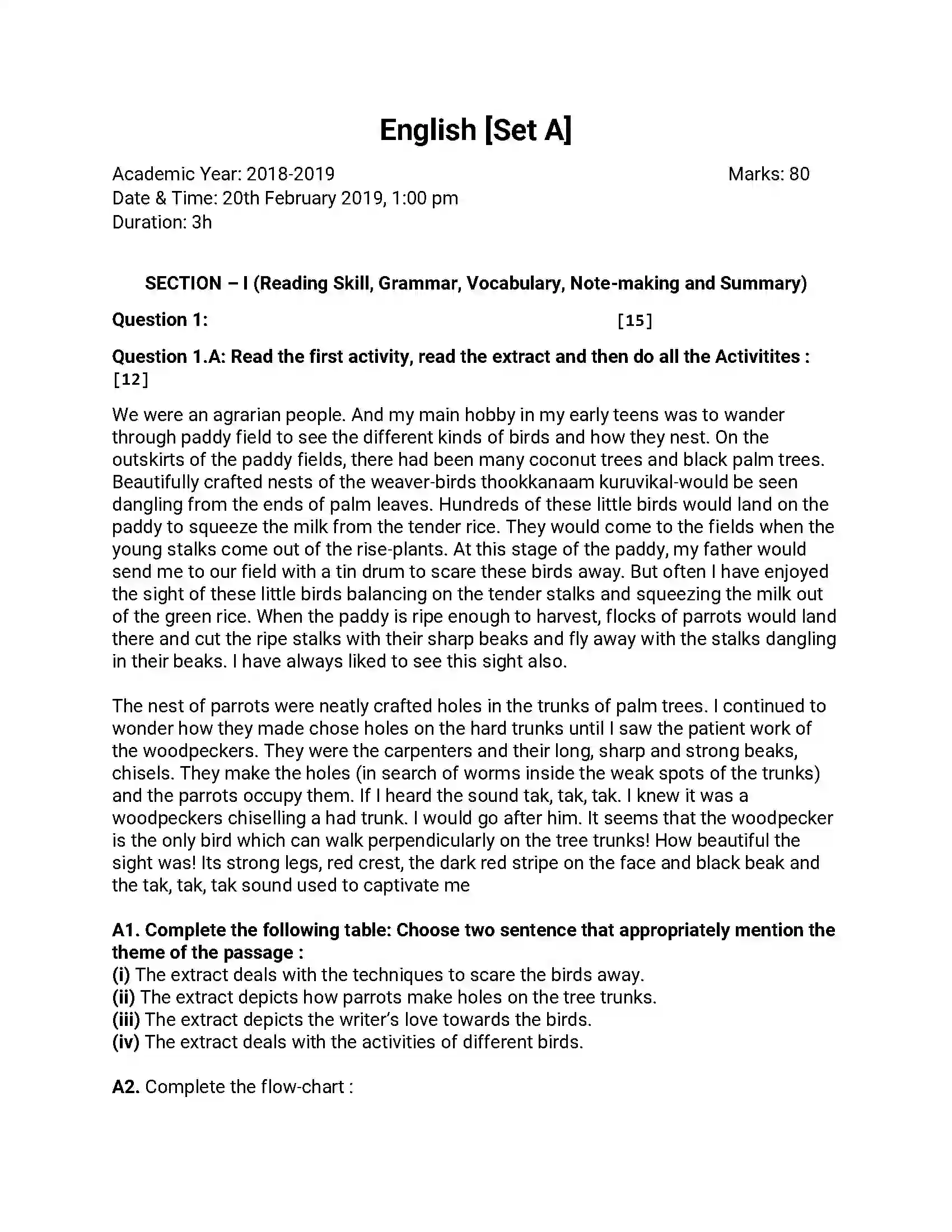 Maharashtra Board Class 12th 2019 English - Feb 2019 - Set-A Previous Year Paper 1