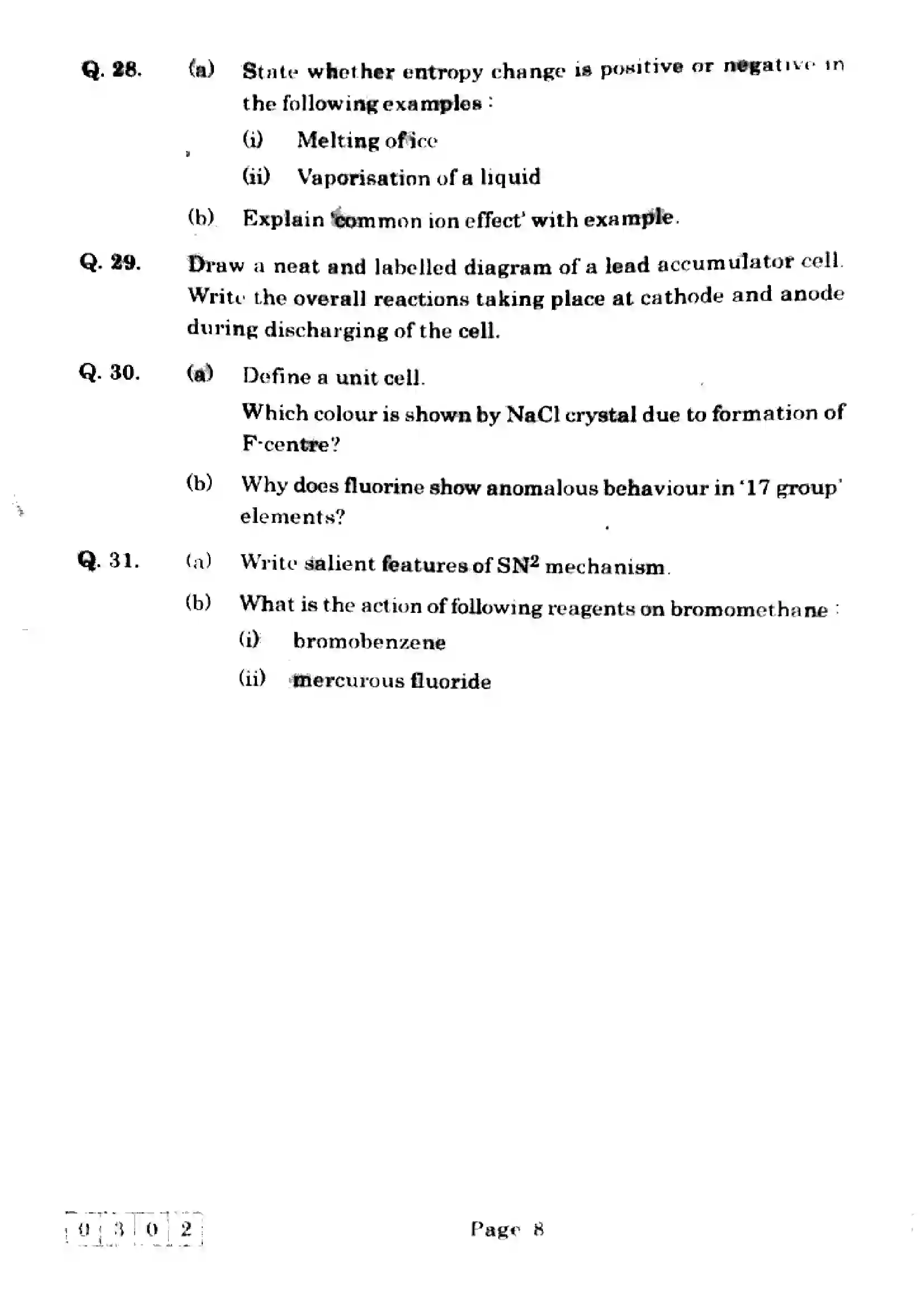 Maharashtra Board Class 12th 2025 Chemistry - J-302 Previous Year Paper 8