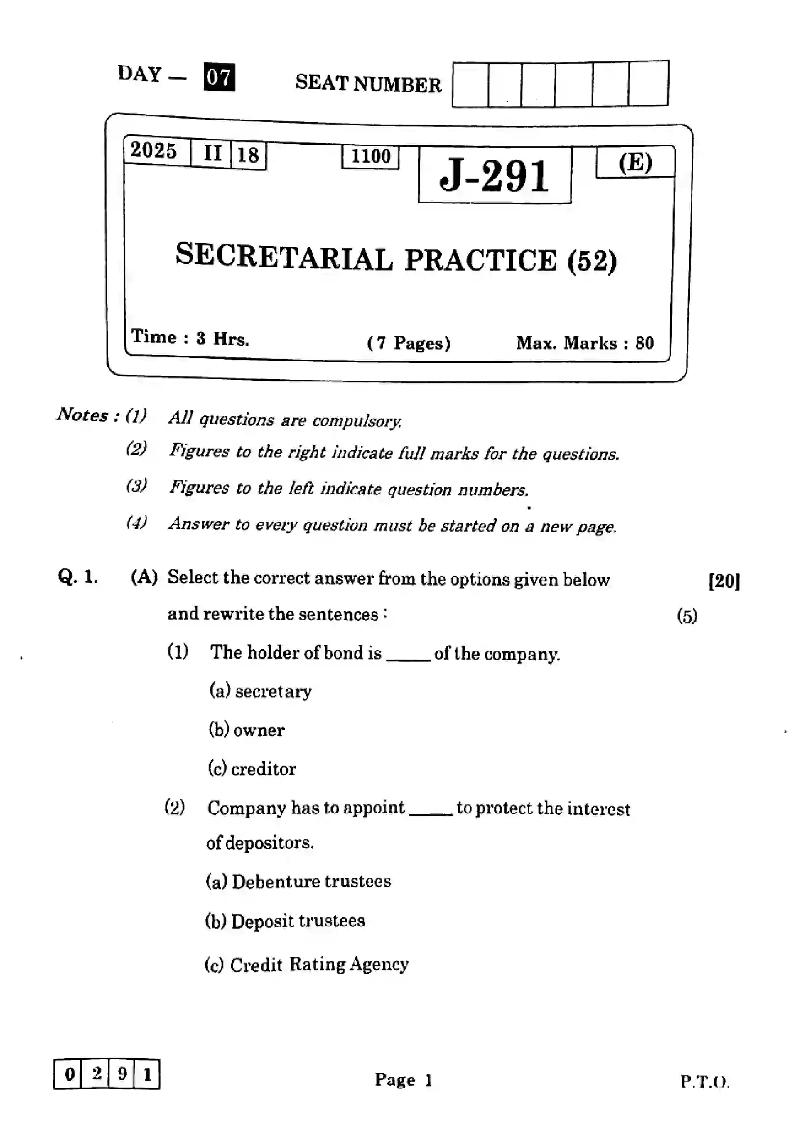 Maharashtra Board Class 12th 2025 Secretarial Practice - J-291 Previous Year Paper 1
