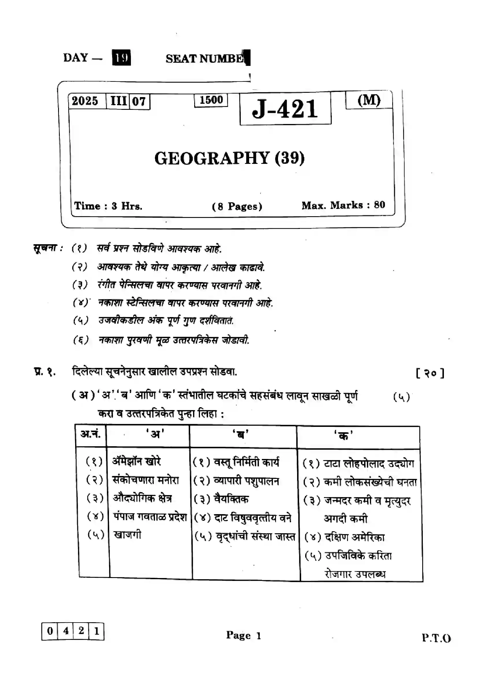 Maharashtra Board Class 12th 2025 Geography - J-421 Previous Year Paper 1