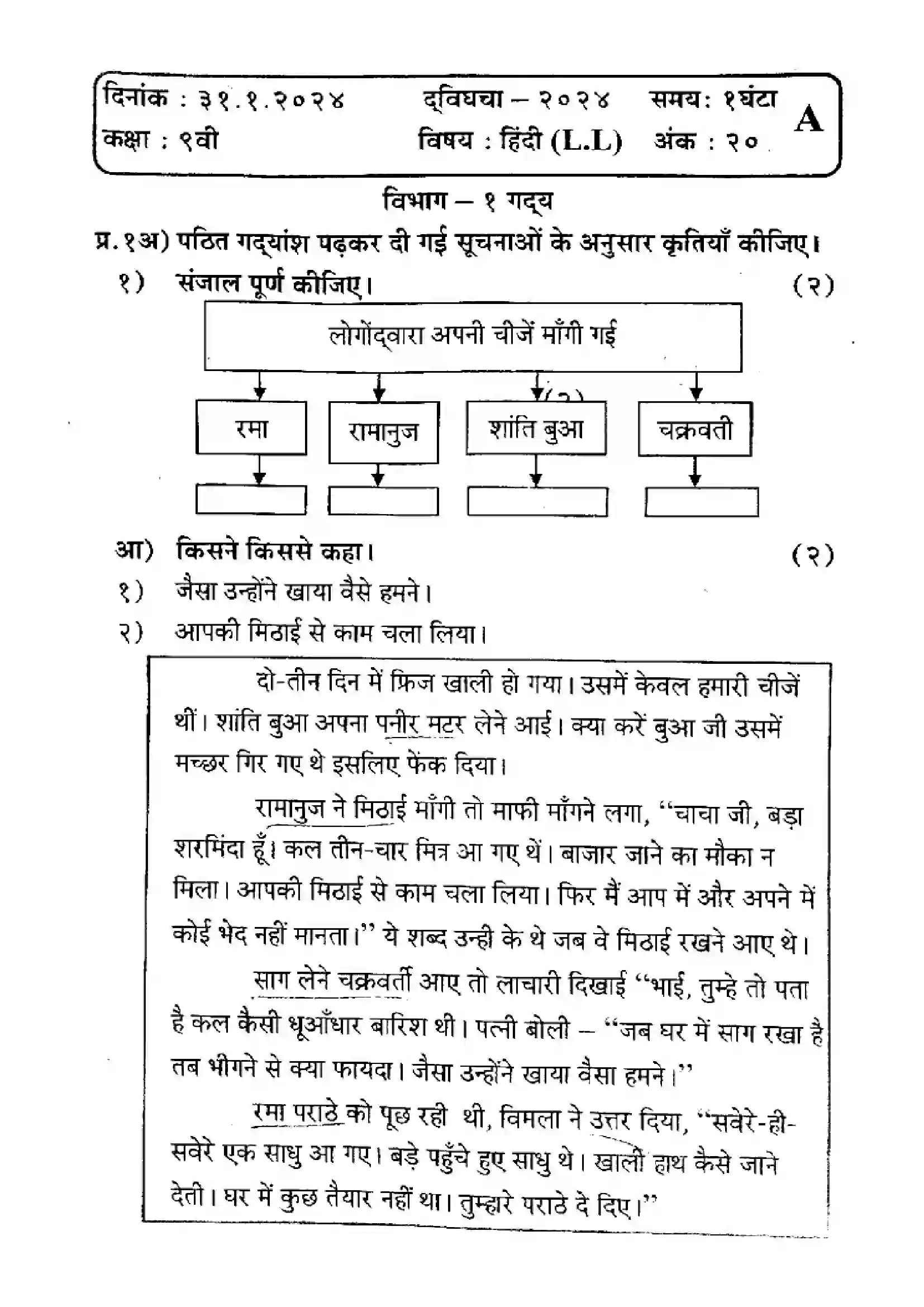 Maharashtra Board Class 9th 2024 Hindi Previous Year Paper 1