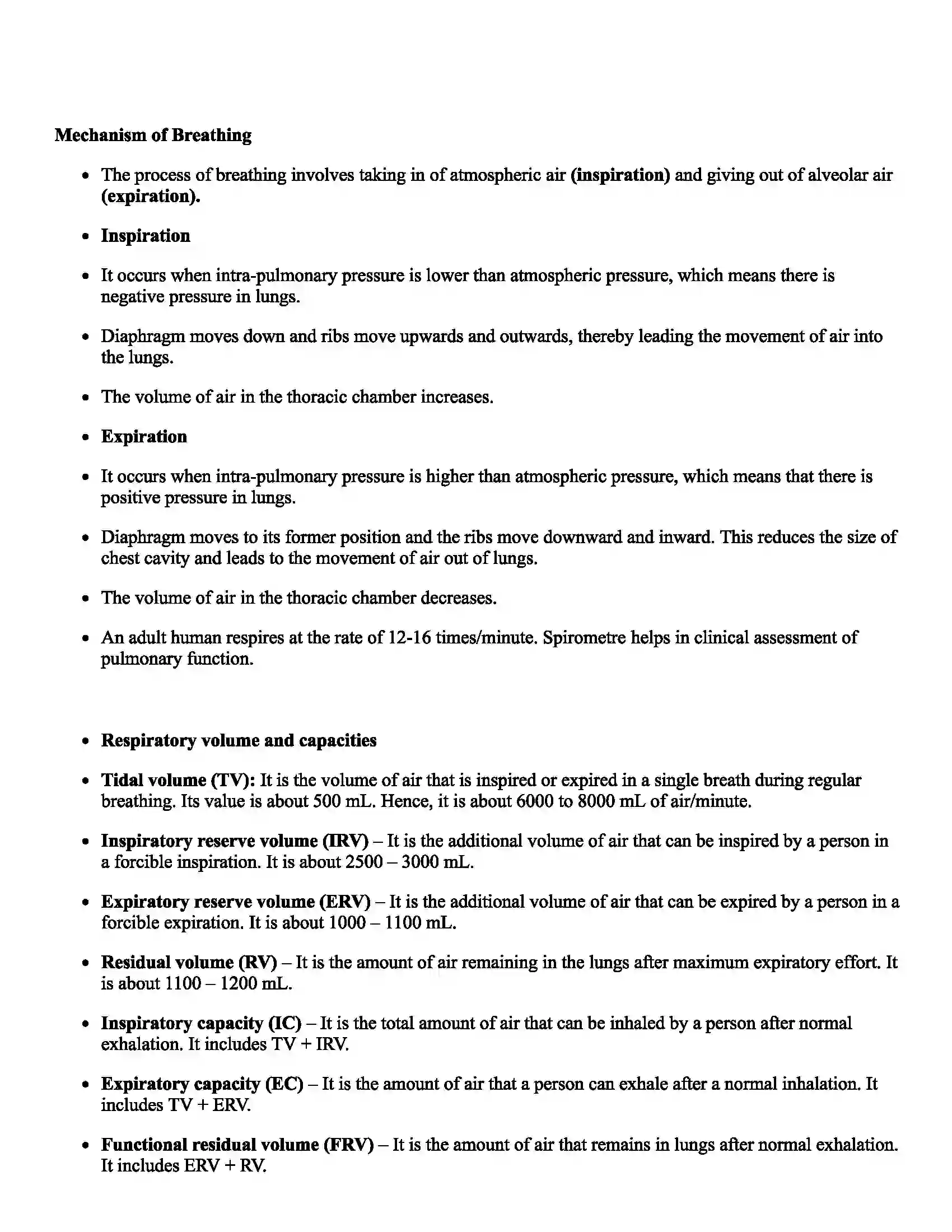 Maharashtra Board Class 11th Biology Human Respiration Revision Note 2