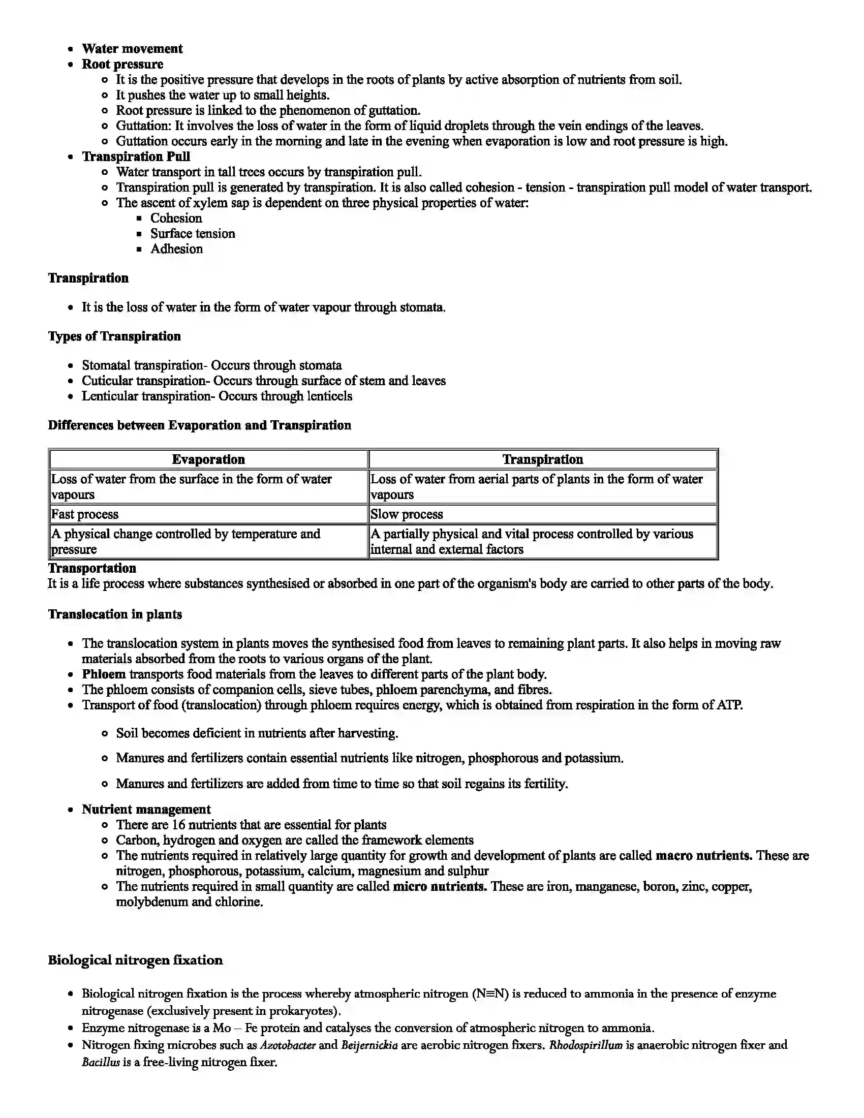 Maharashtra Board Class 11th Biology Plant Water Relations and Mineral Nutrition Revision Note 3