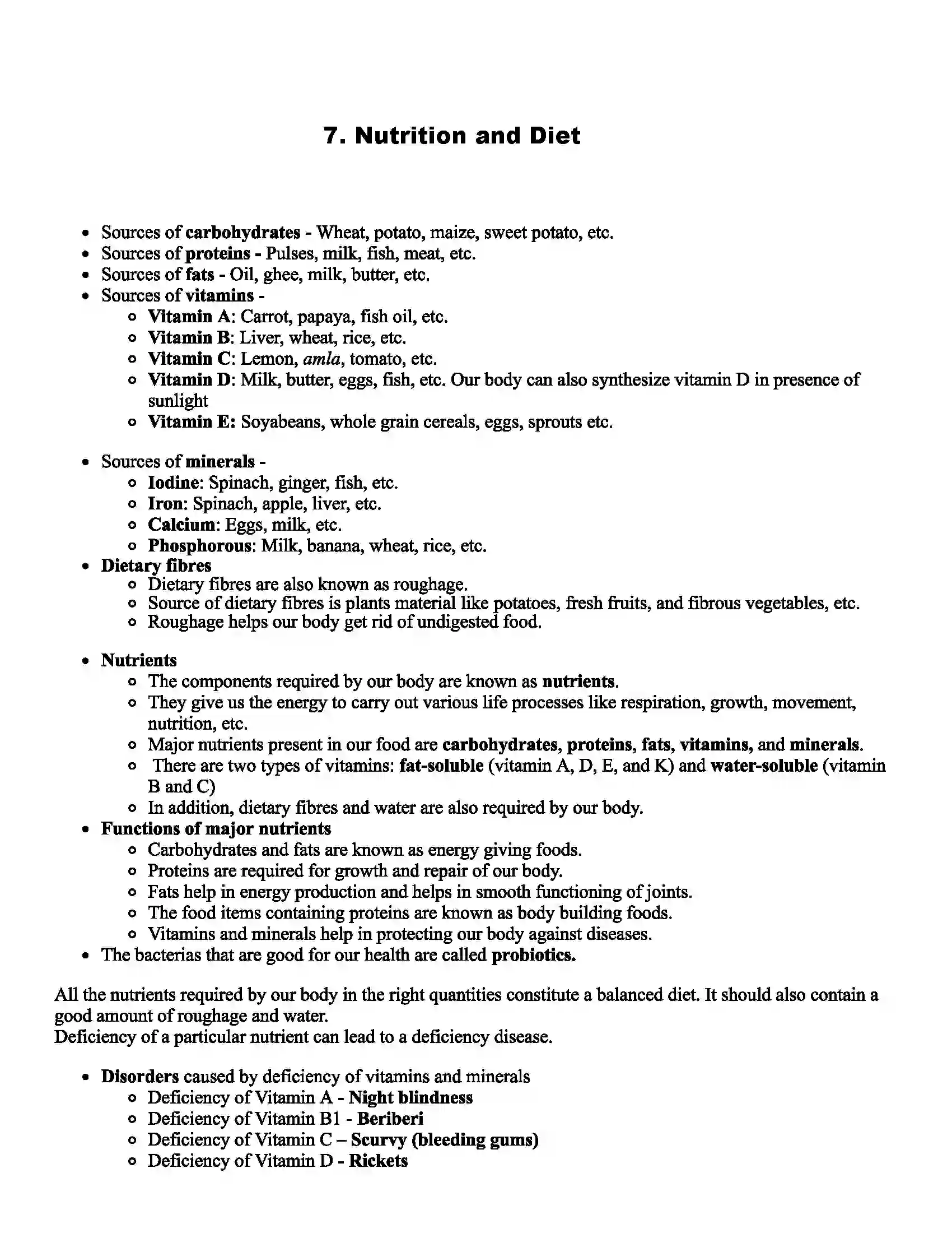 Maharashtra Board Class 6th Science Nutrition and Diet Revision Note 1