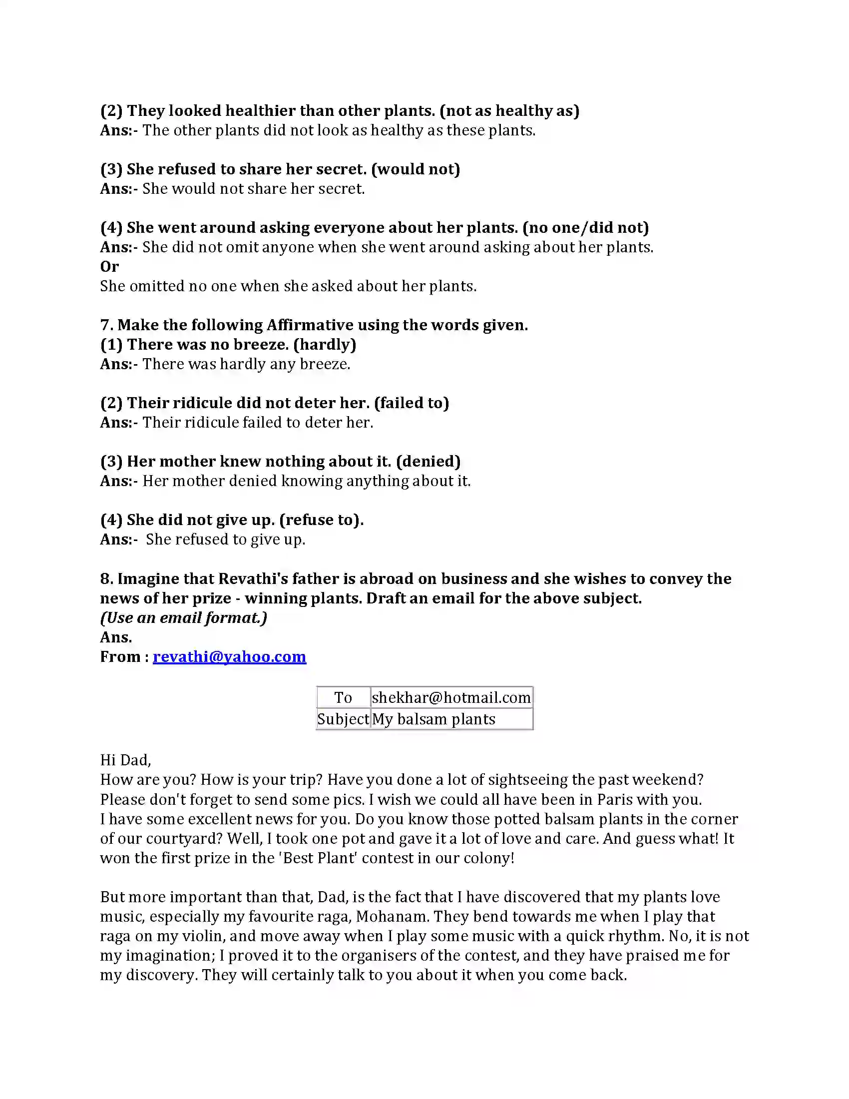 Maharashtra Board Class 8th English Bal Bharti 1.4 Revathis Musical Plants Revision Note 7