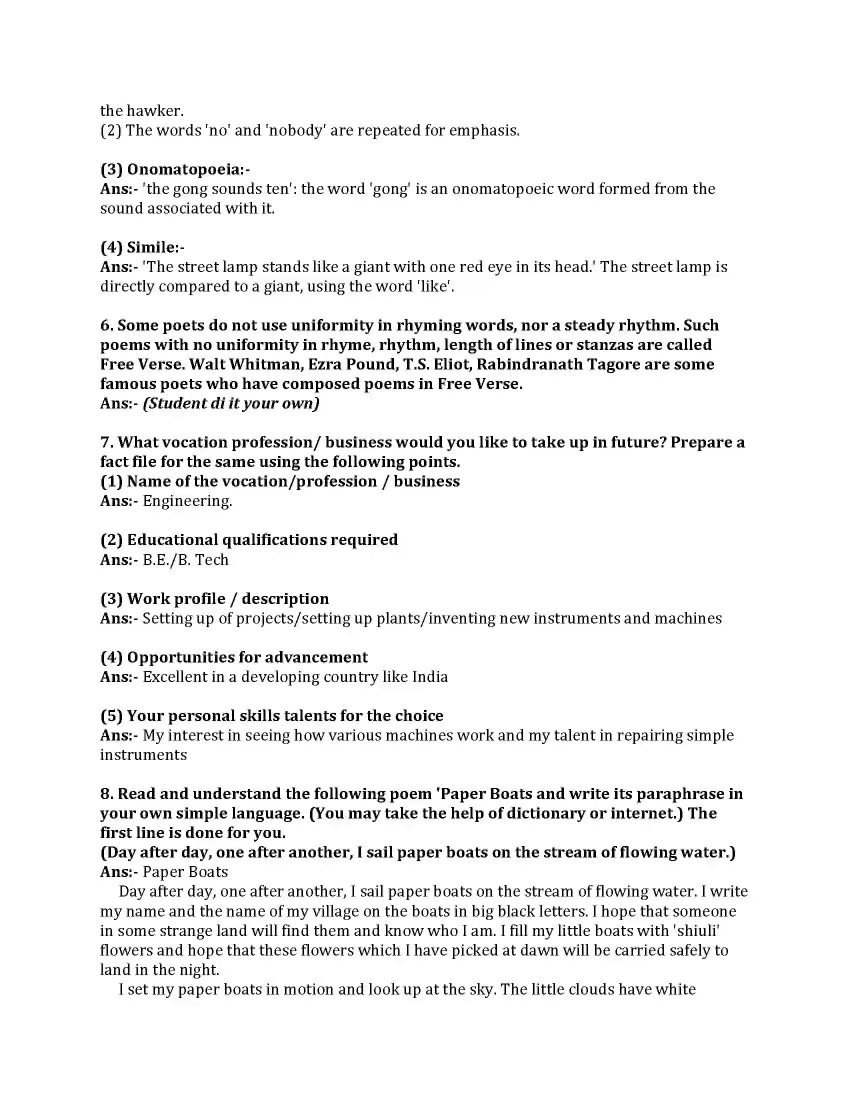 Maharashtra Board Class 8th English Bal Bharti 2.1 Vocation Revision Note 4