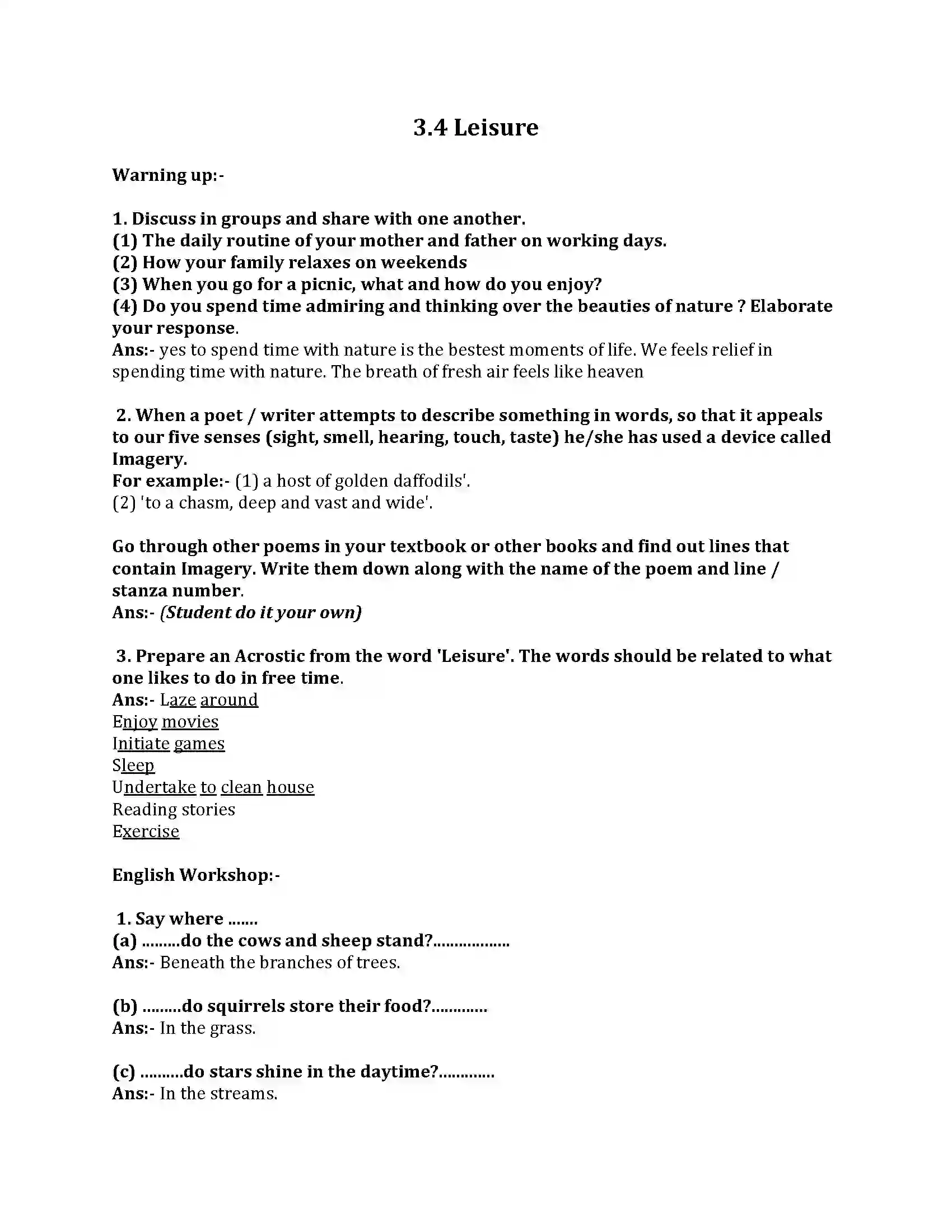 Maharashtra Board Class 8th English Bal Bharti 3.4 Leisure Revision Note 1