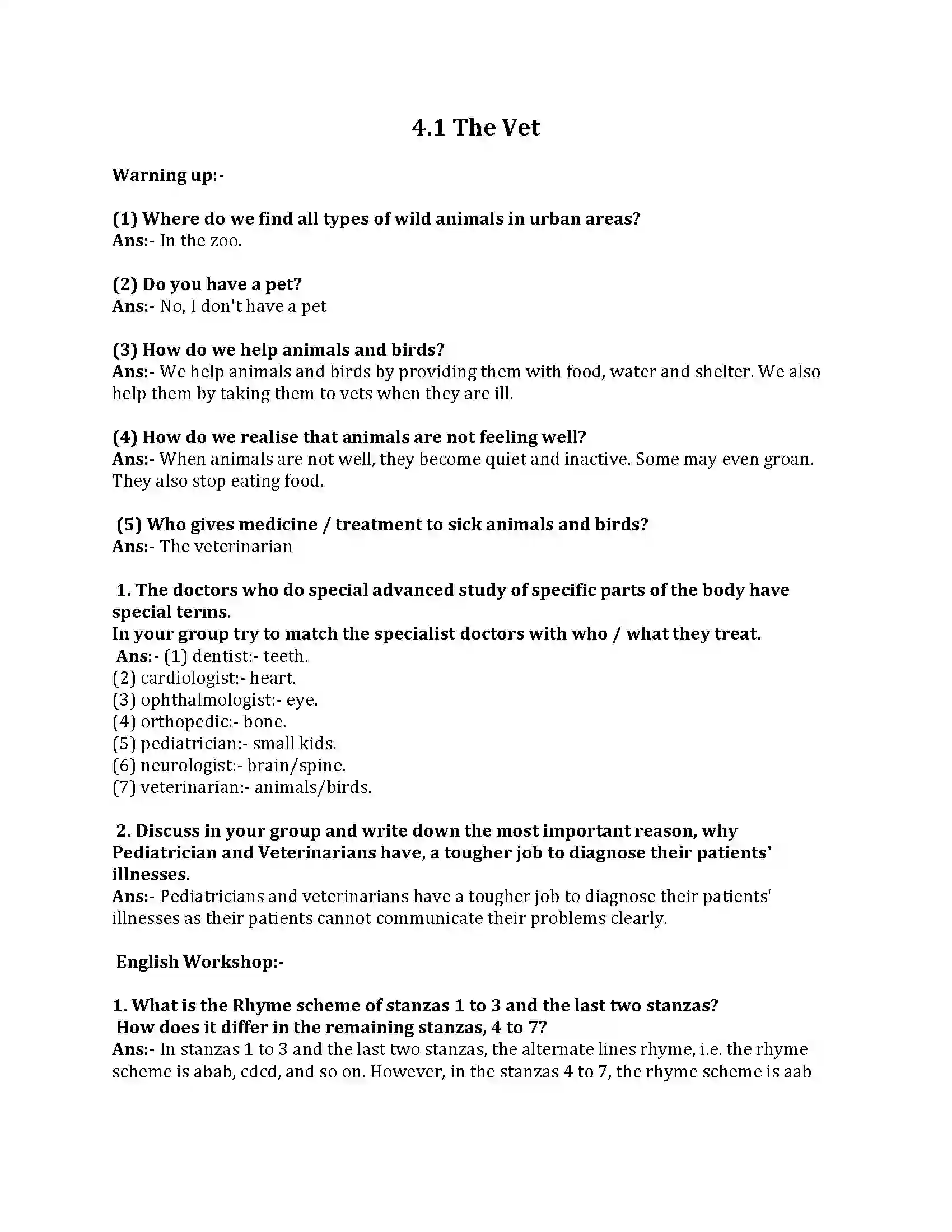 Maharashtra Board Class 8th English Bal Bharti 4.1 The Vet Revision Note 1