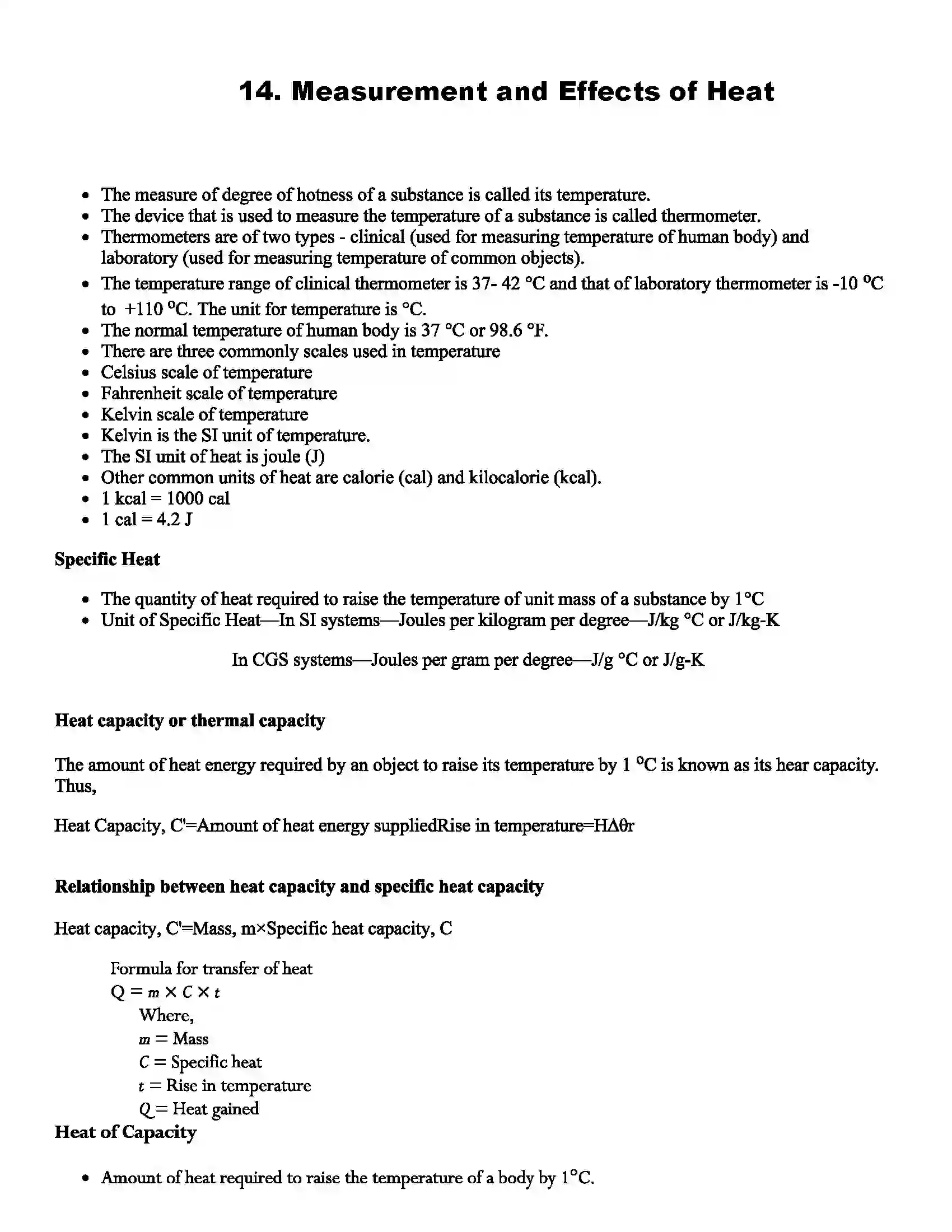 Maharashtra Board Class 8th Science Measurement and Effects of Heat Revision Note 1