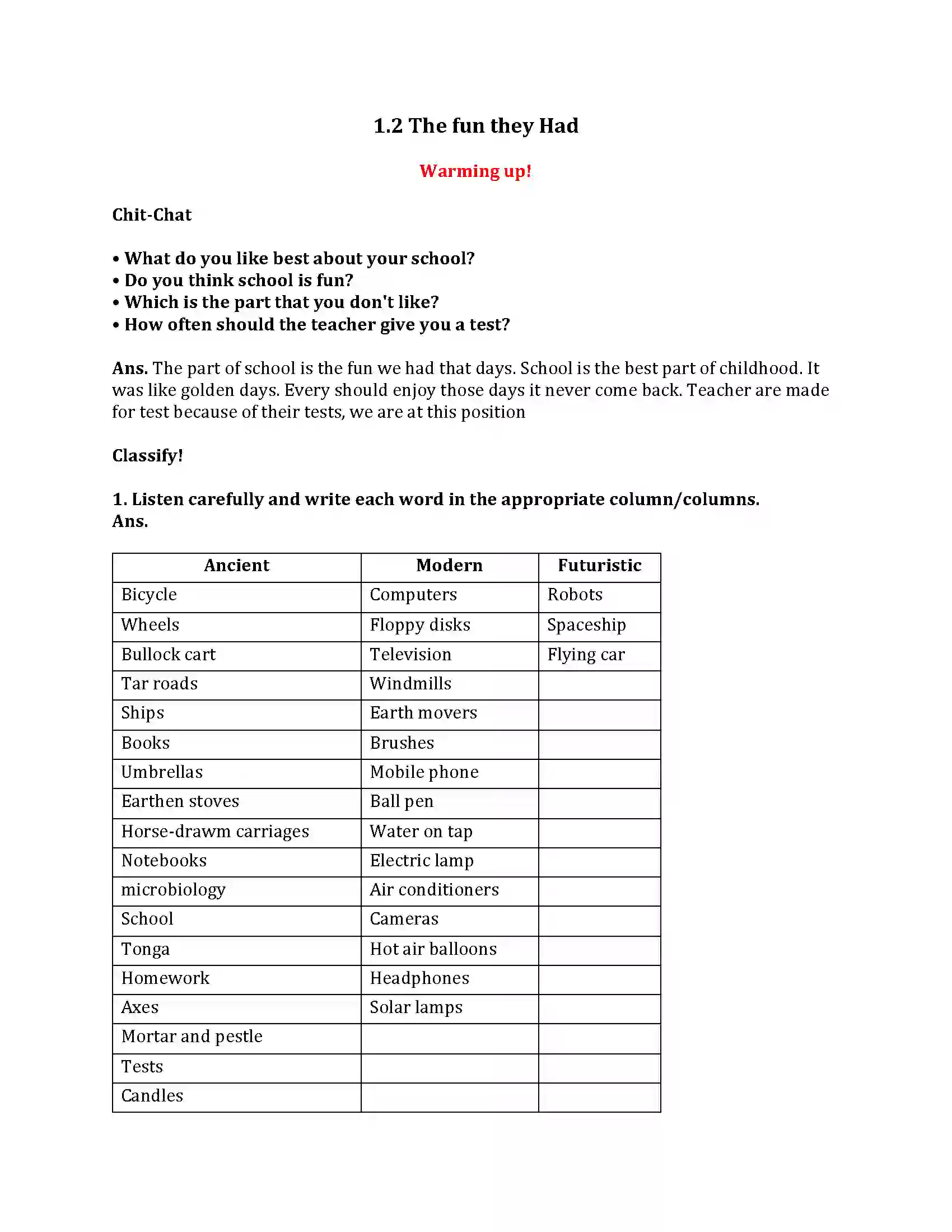 Maharashtra Board Class 9th My English Course Book 1.2 The Fun They Had Revision Note 1