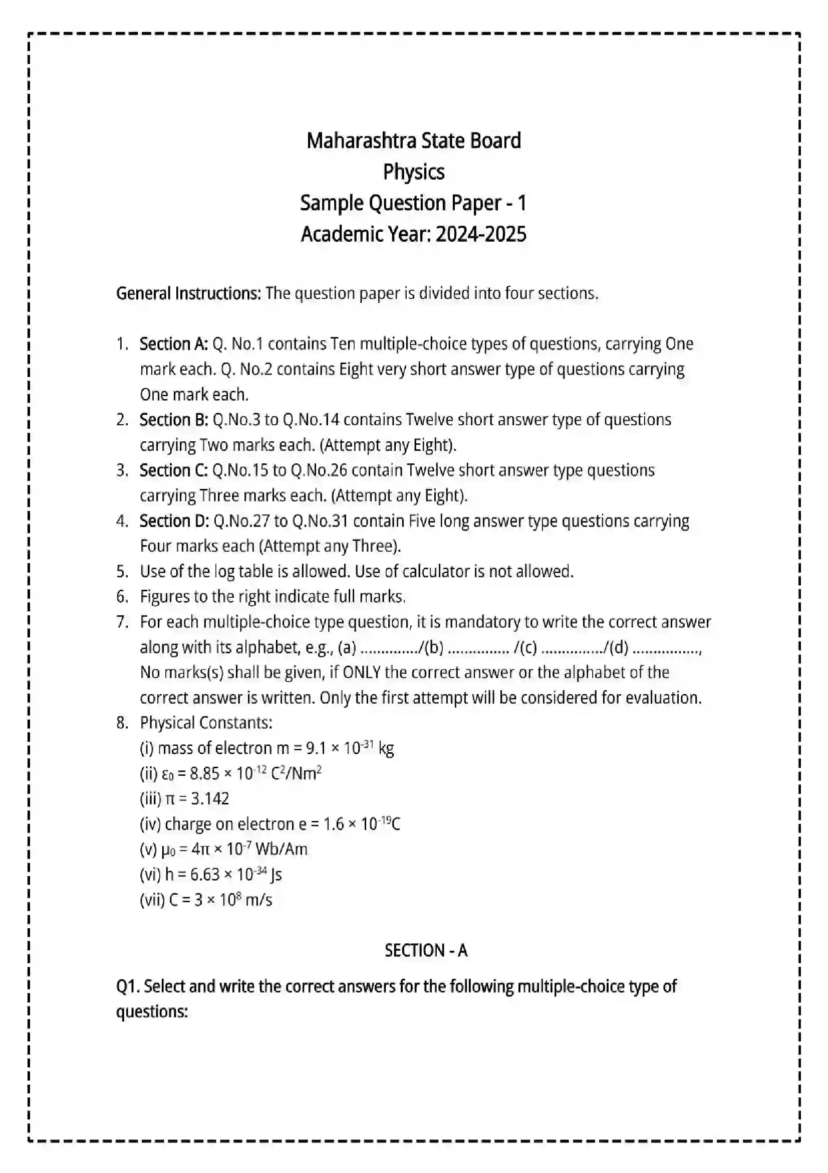 Maharashtra Board Class 12th 2025 Physics Set - 1 - Sample Paper 1
