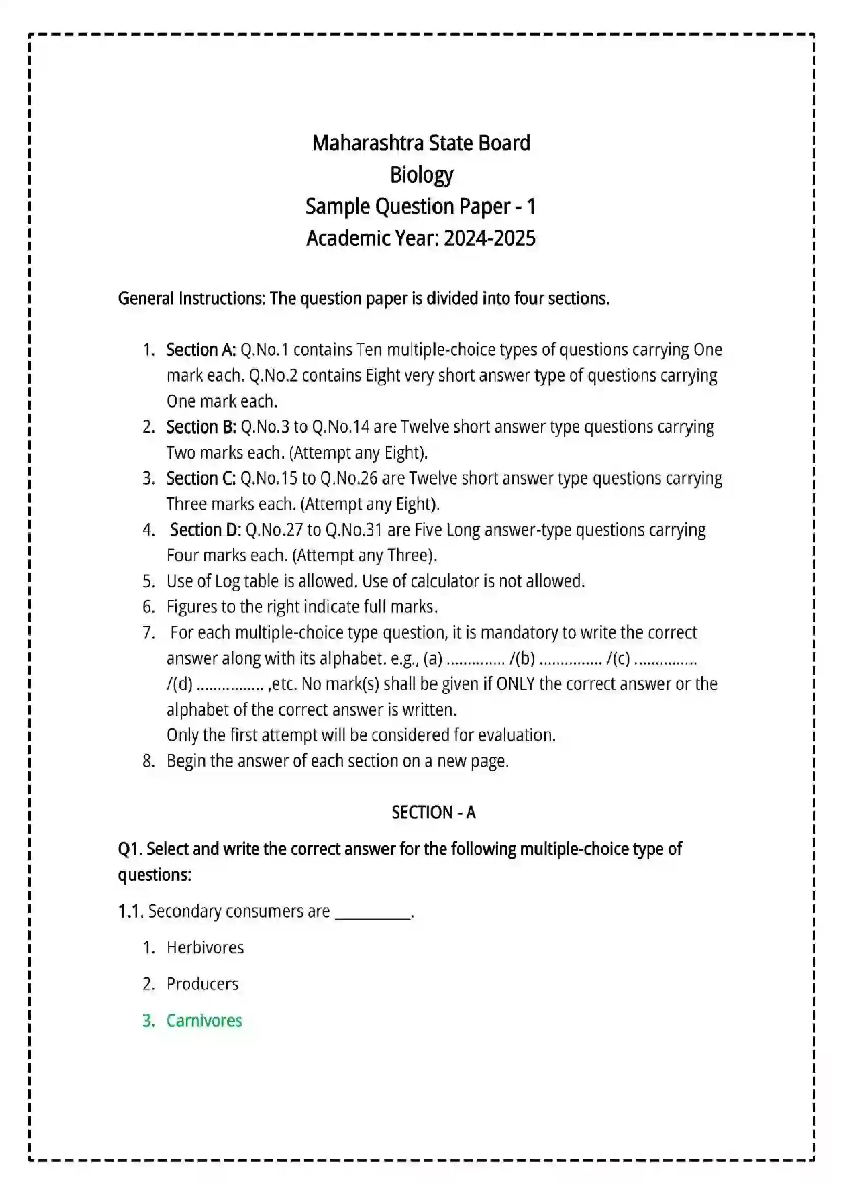 Maharashtra Board Class 12th 2025 Biology Set - 1 - Sample Paper 1