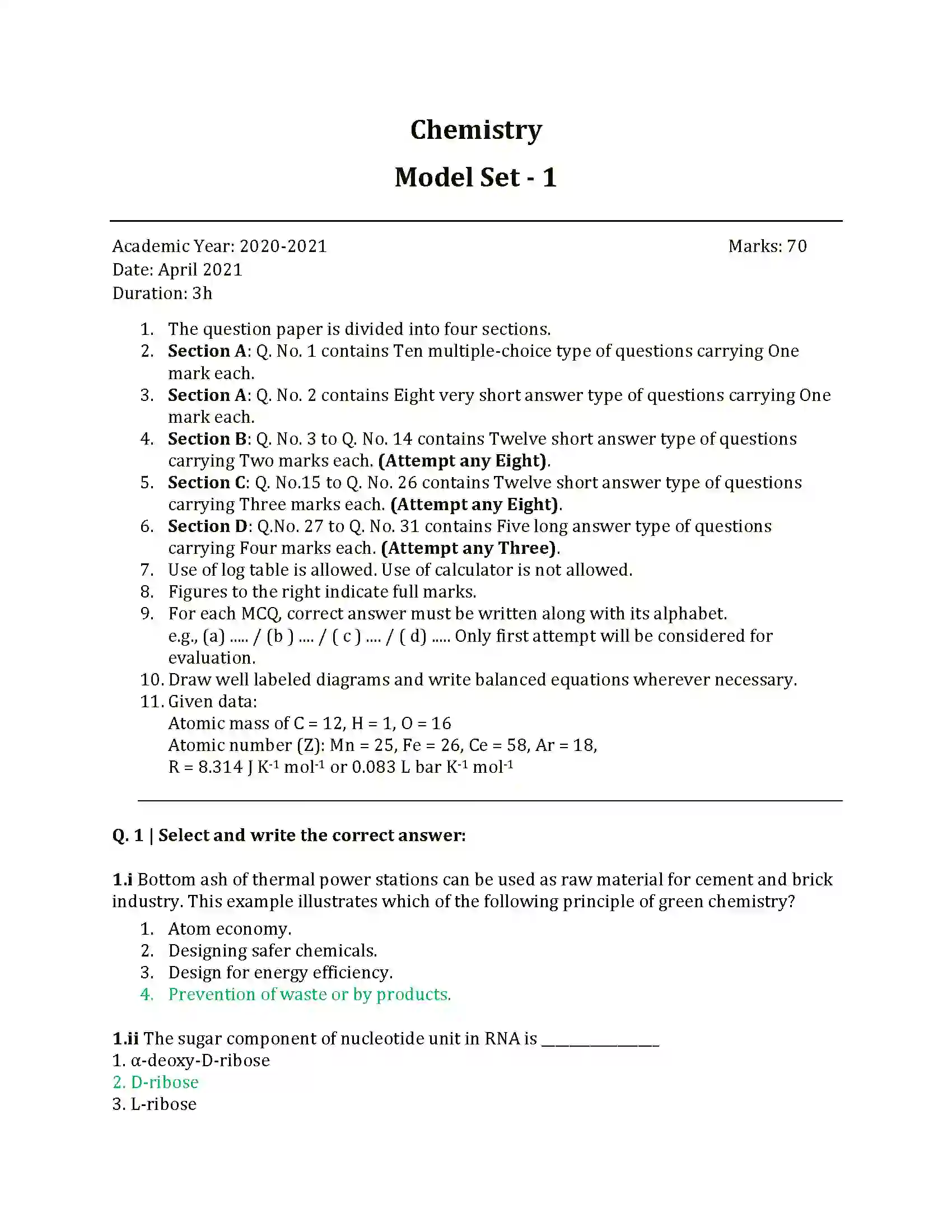 Maharashtra Board Class 12th 2025 Chemistry Sample Paper 1