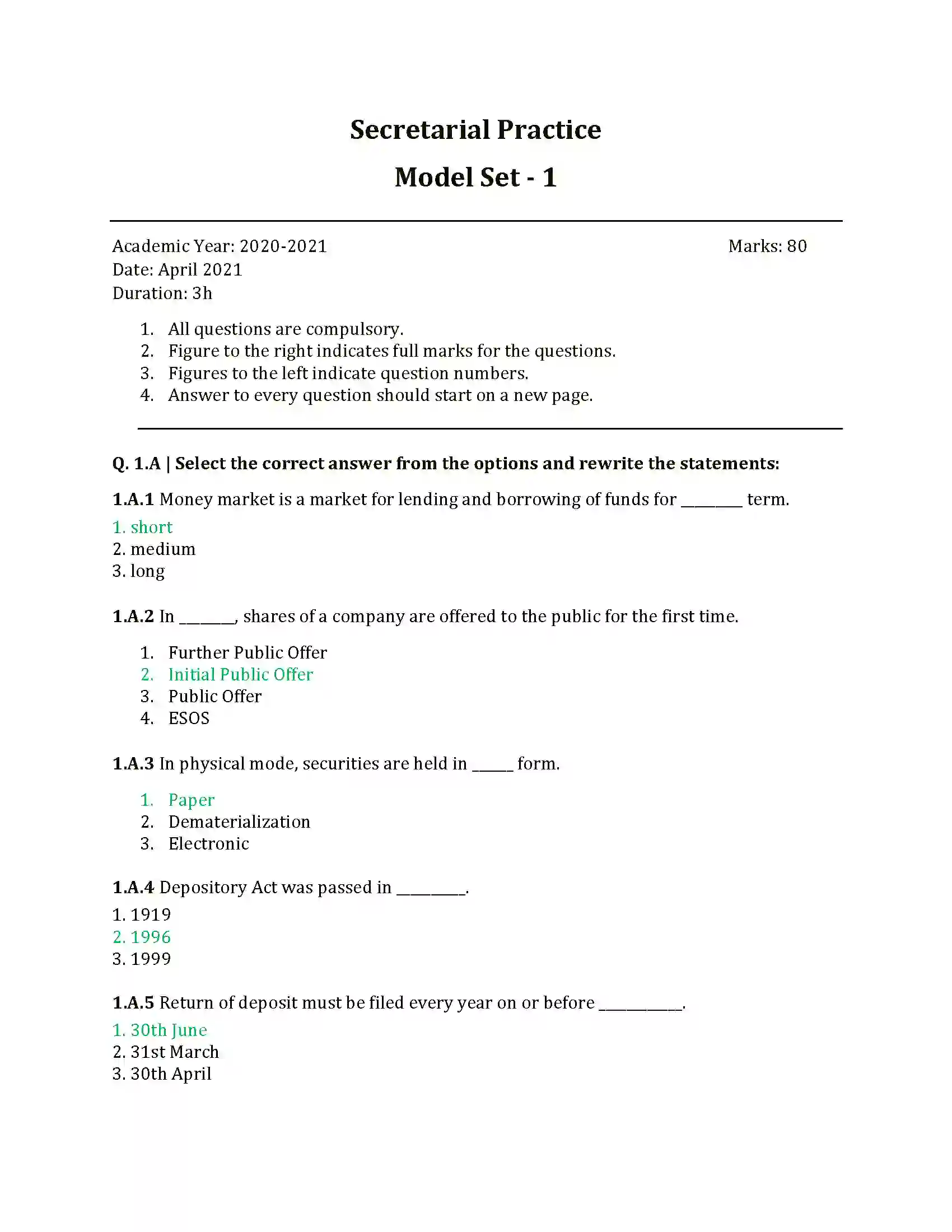 Maharashtra Board Class 12th 2025 Secretarial Practice Sample Paper 1