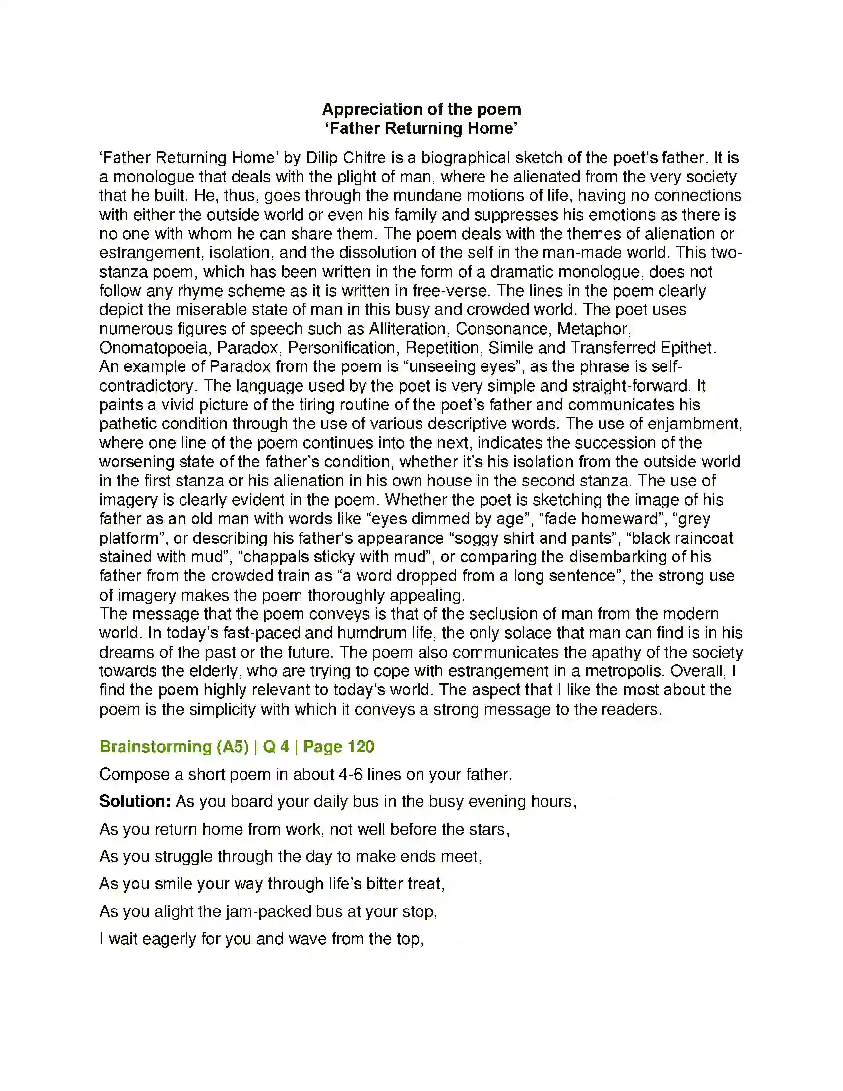 Maharashtra Board Class 12th English Father Returning Home Solution 13