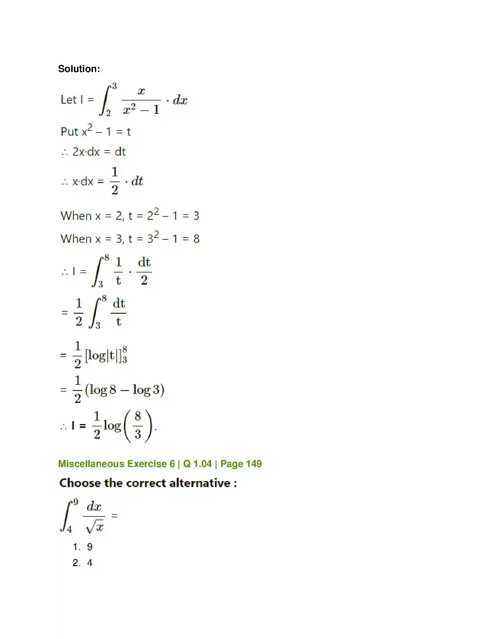 Maharashtra Board Class 12th Mathematics & Statistics-1 (Commerce) Definite Integration Solution 20