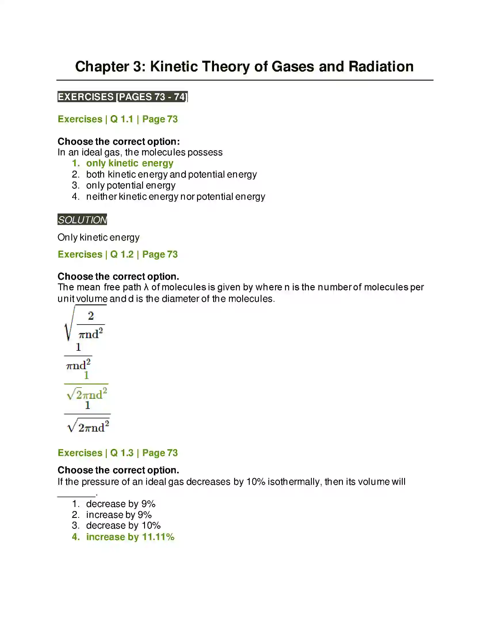 Maharashtra Board Class 12th Physics Kinetic Theory of Gases and Radiation Solution 1