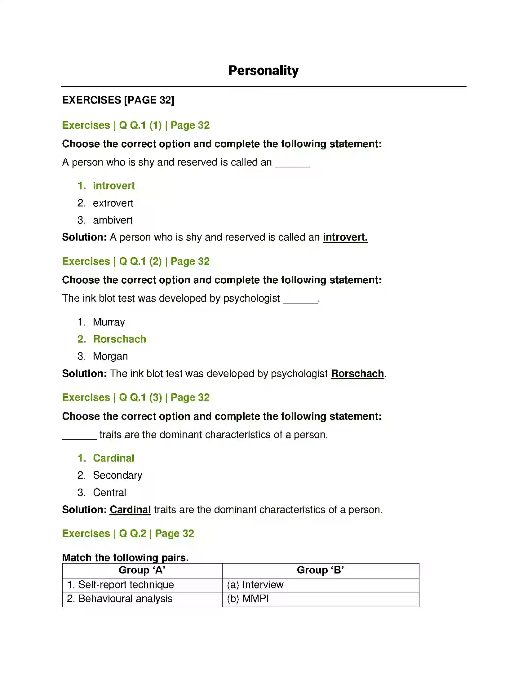 Maharashtra Board Class 12th Psychology Personality Solution 1