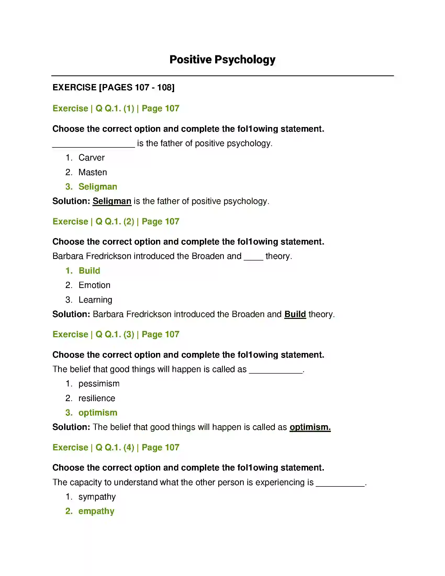 Maharashtra Board Class 12th Psychology Positive Psychology Solution 1