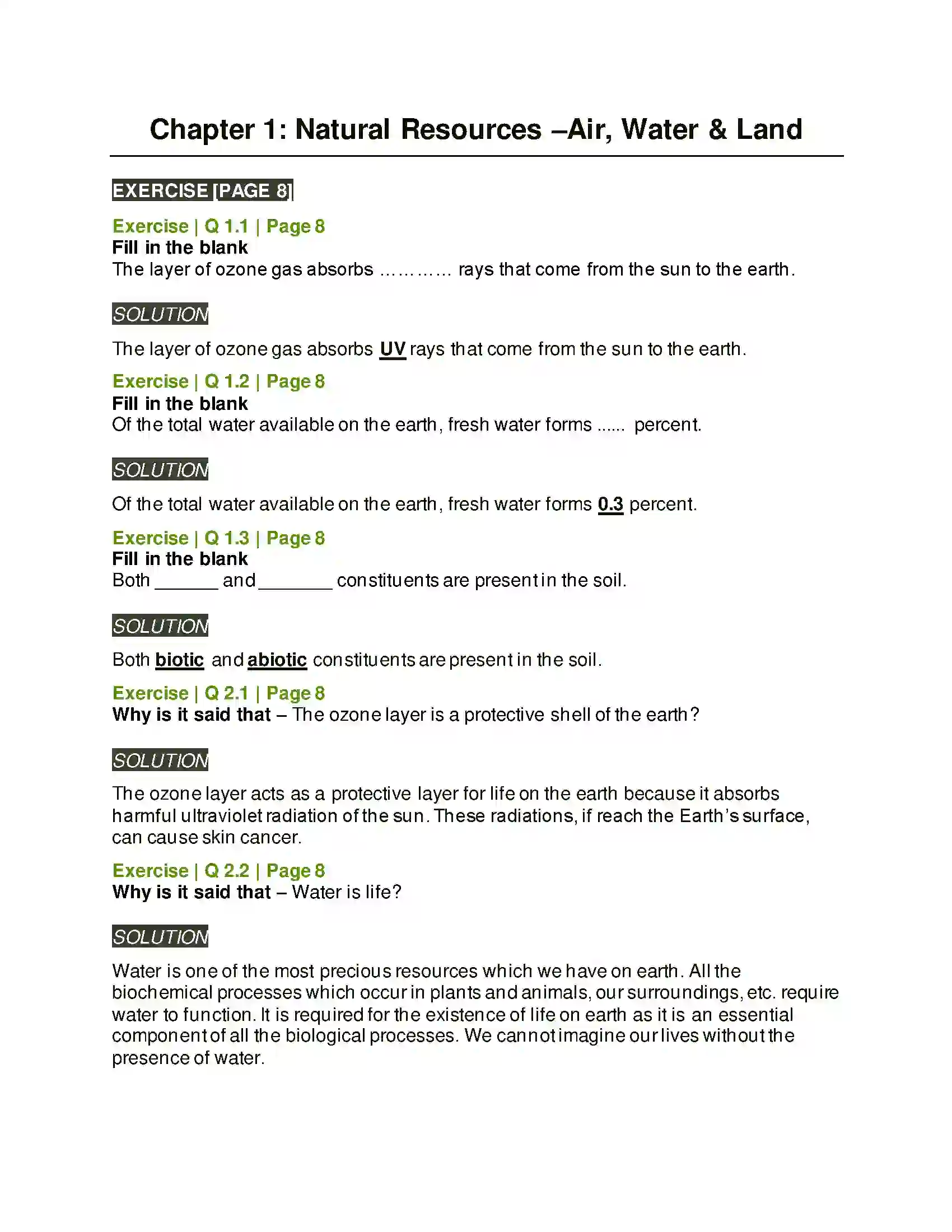 Maharashtra Board Class 6th General Science Natural Resources –Air, Water and Land Solution 1
