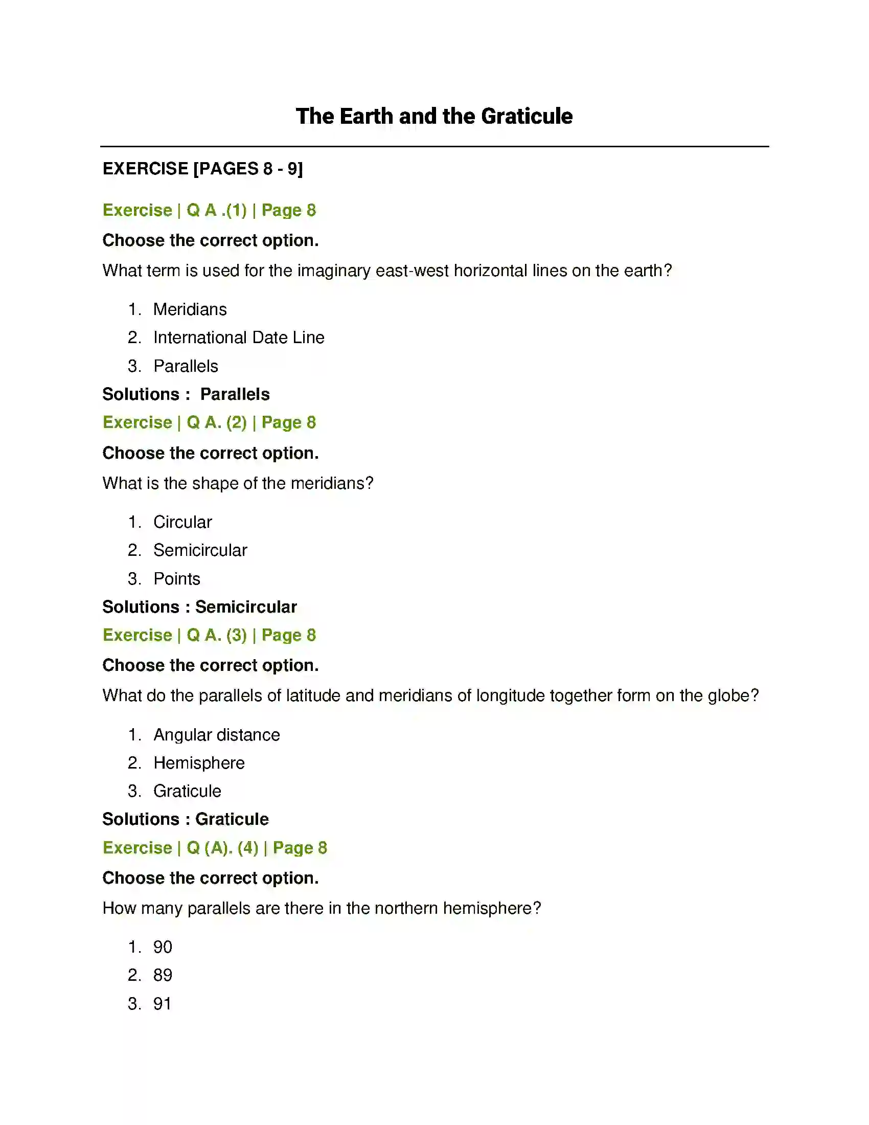 Maharashtra Board Class 6th Geography The Earth and the Graticule Solution 1