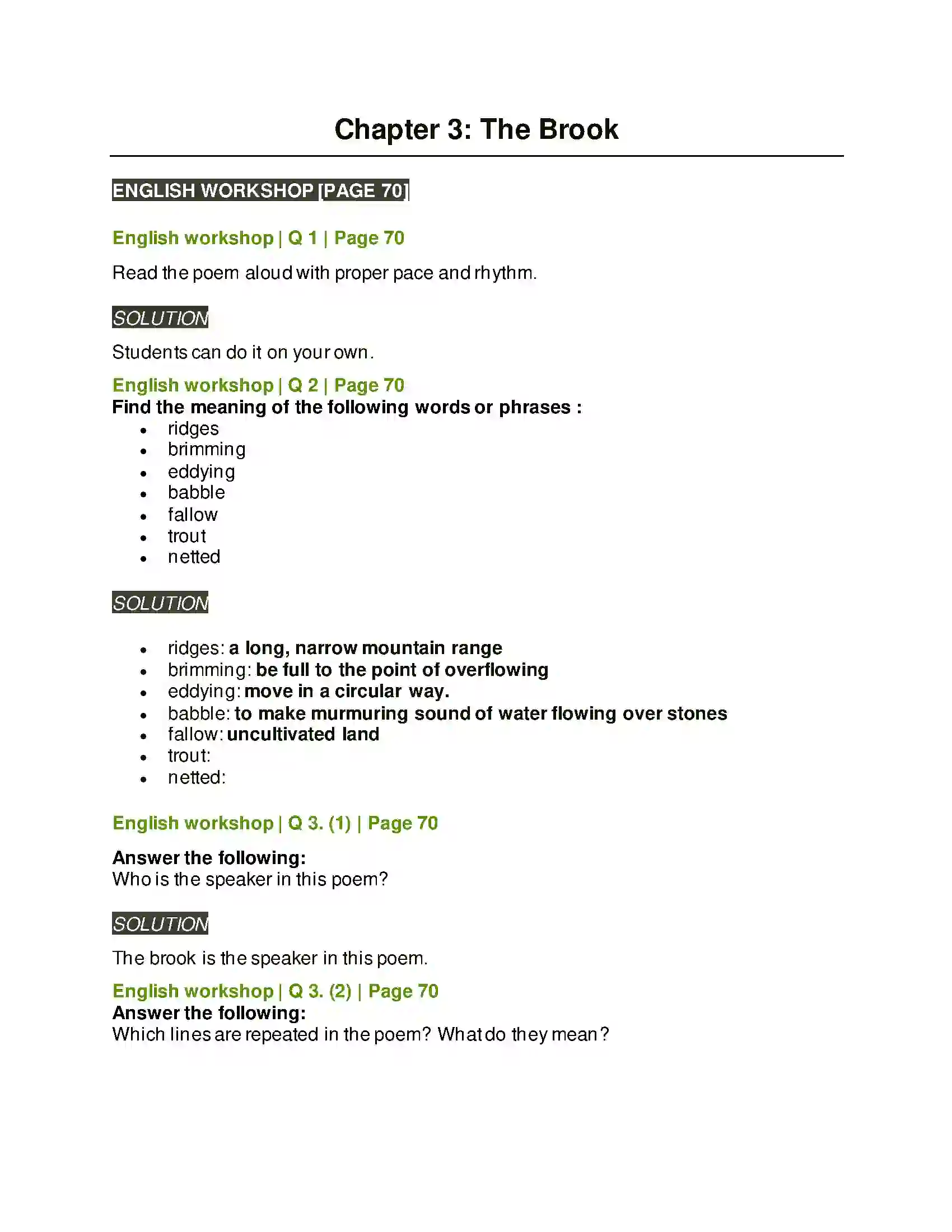 Maharashtra Board Class 7th English The Brook Solution 1