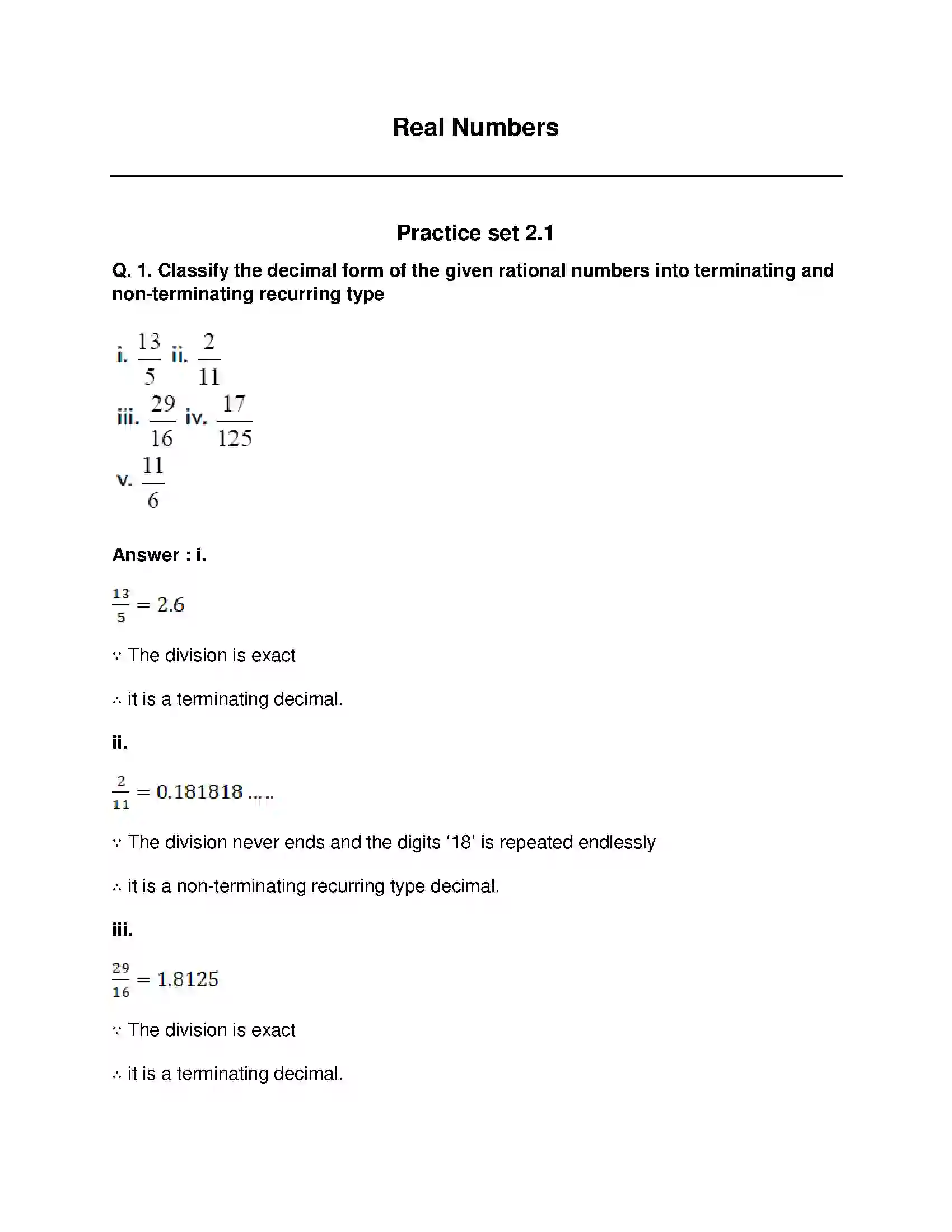 Maharashtra Board Class 9th Mathematics Part-I - English Medium Real Numbers Solution 1