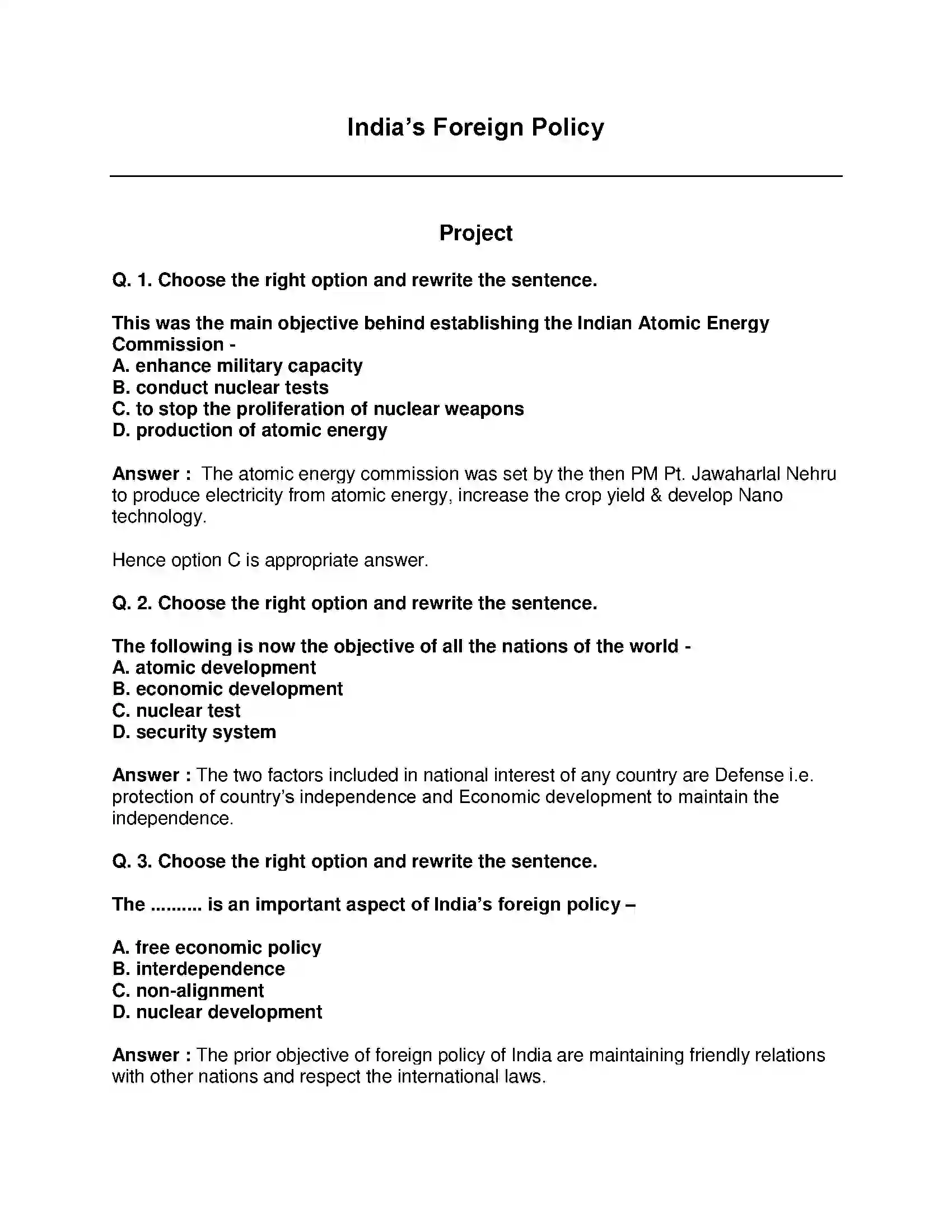 Maharashtra Board Class 9th Political Science - English Medium India’s Foreign Policy Solution 1