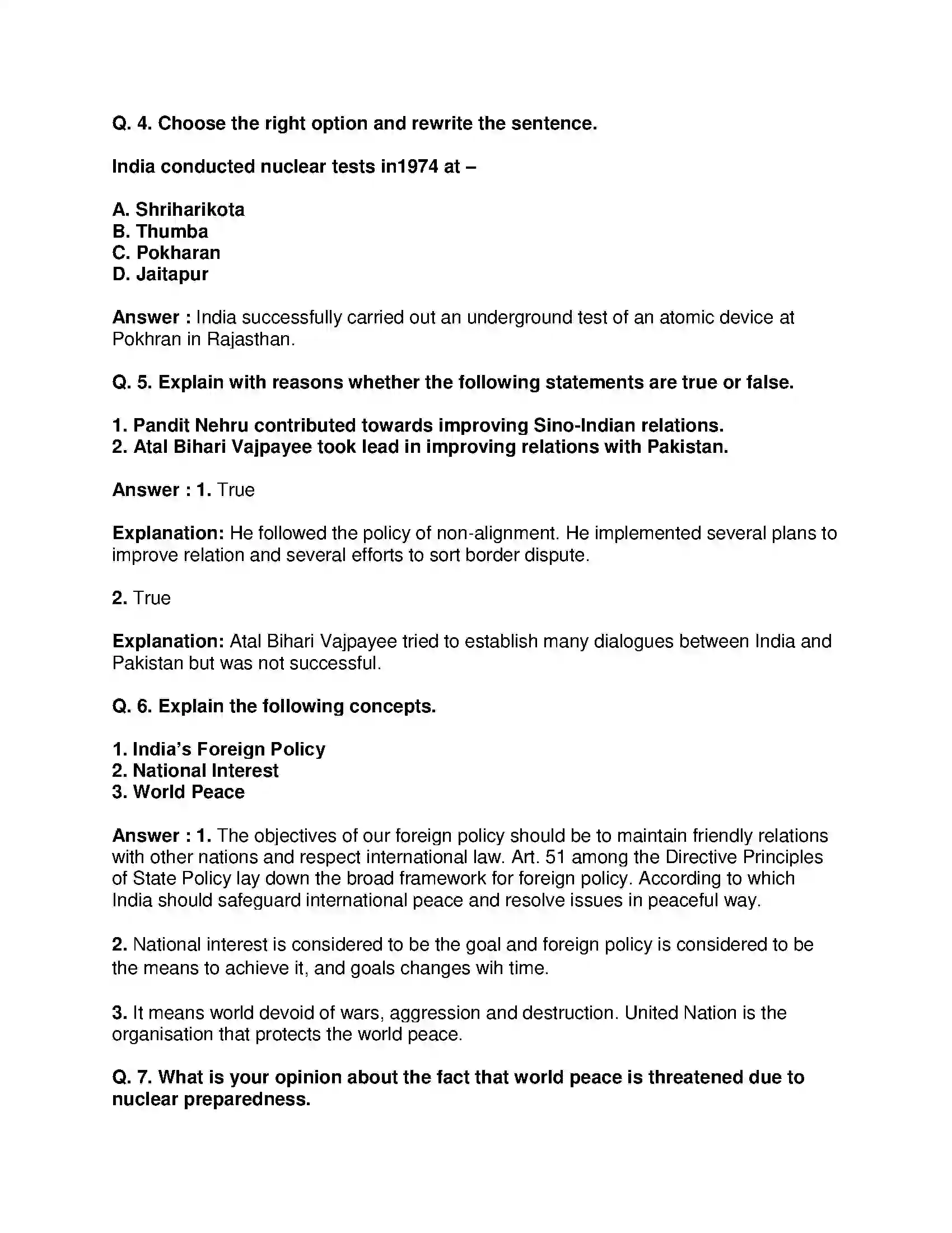 Maharashtra Board Class 9th Political Science - English Medium India’s Foreign Policy Solution 2